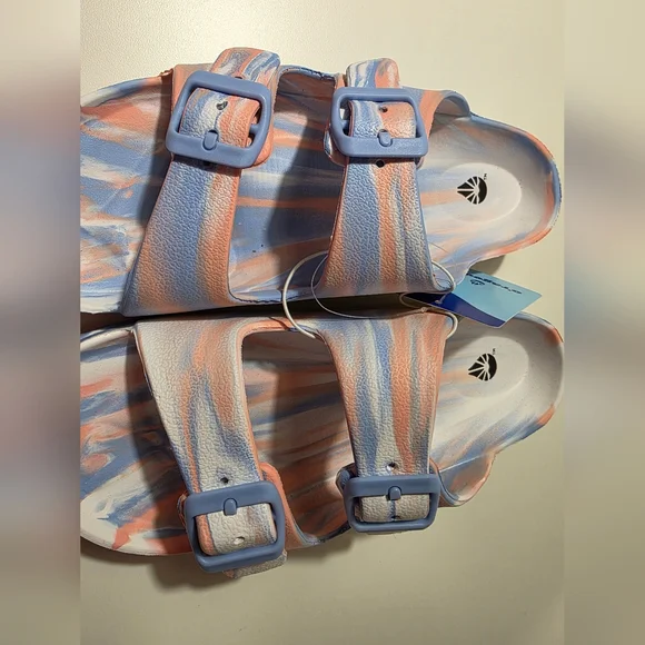 SEE DETAILS - NWT O'rageous Women's Size 8 2 Buckle Blue and Pink Swirl Sandals - Picture 8 of 10